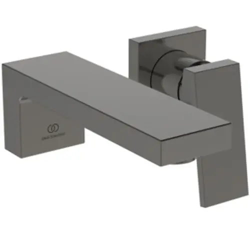 Waschbeckenarmatur in magnetischem Grau von Ideal Standard mit rechteckigem Auslauf und einem kompakten, modernen Design, geeignet für Wandmontage.